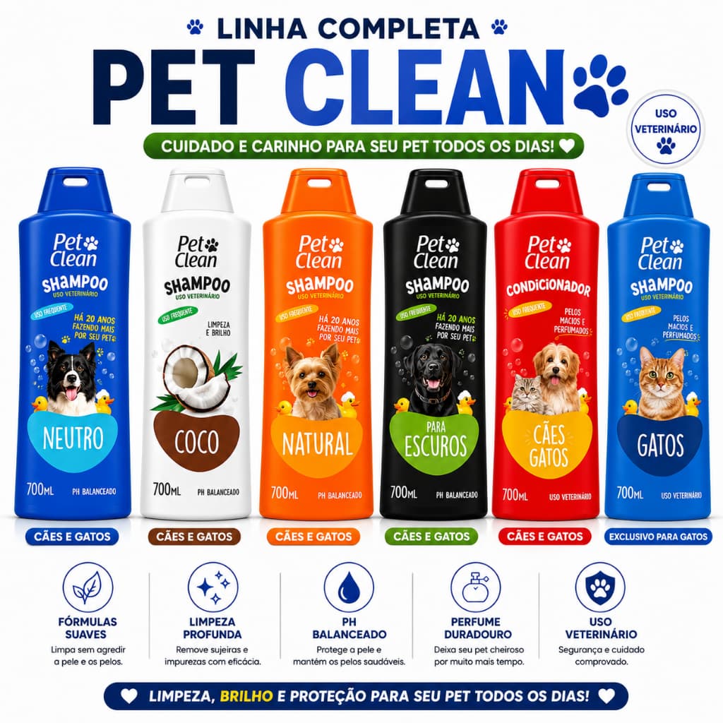 Shampoo e Condicionador Pet Clean 700ml E Genial Pet Cachorro e Gato- Uso Veterinário Neutro, Coco, Natural