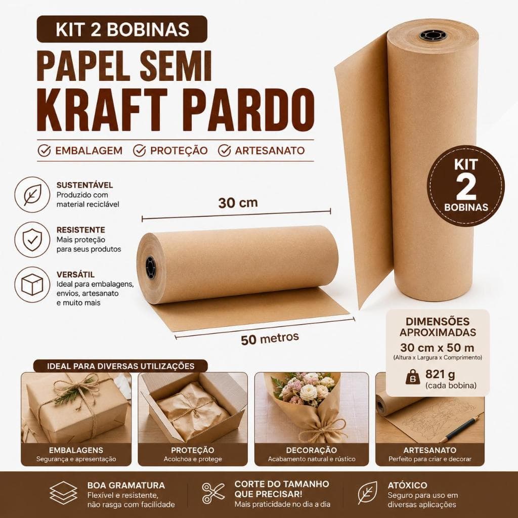 Kit 2 Bobinas Papel Pardo Semi Kraft 30cmx50cm