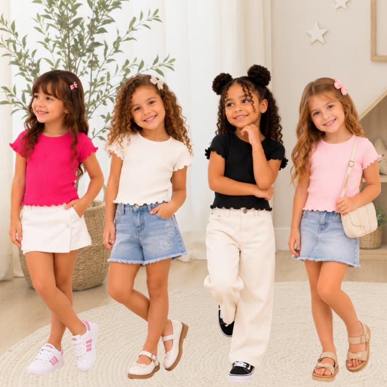 Kit 4 Blusas Infantil Menina Canelada Manga Curta Frufru Básica Confortável 2 ao 10