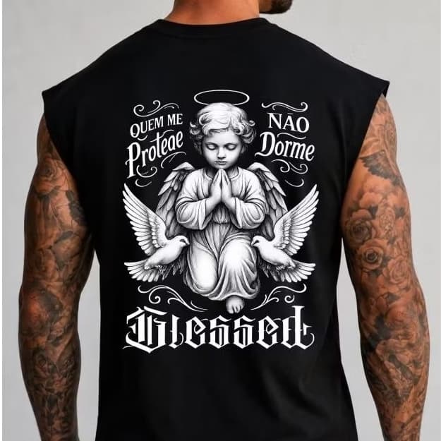 Regata Oversized Streetwear Unissex Blessed Anjo 100% Algodão Estampada Premium Casual