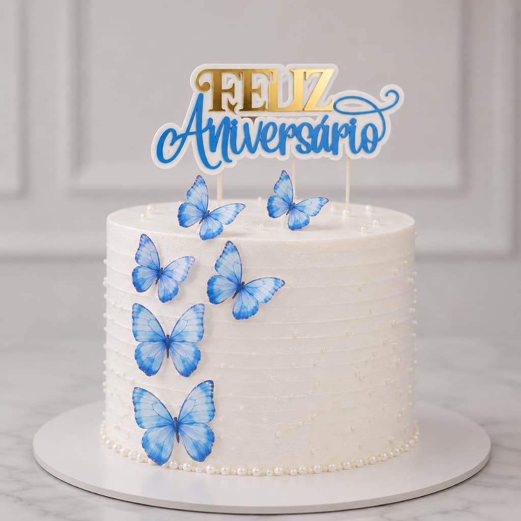 Topo de Bolo Feliz Aniversário com Borboletas | Diversas Cores | Acabamento Premium
