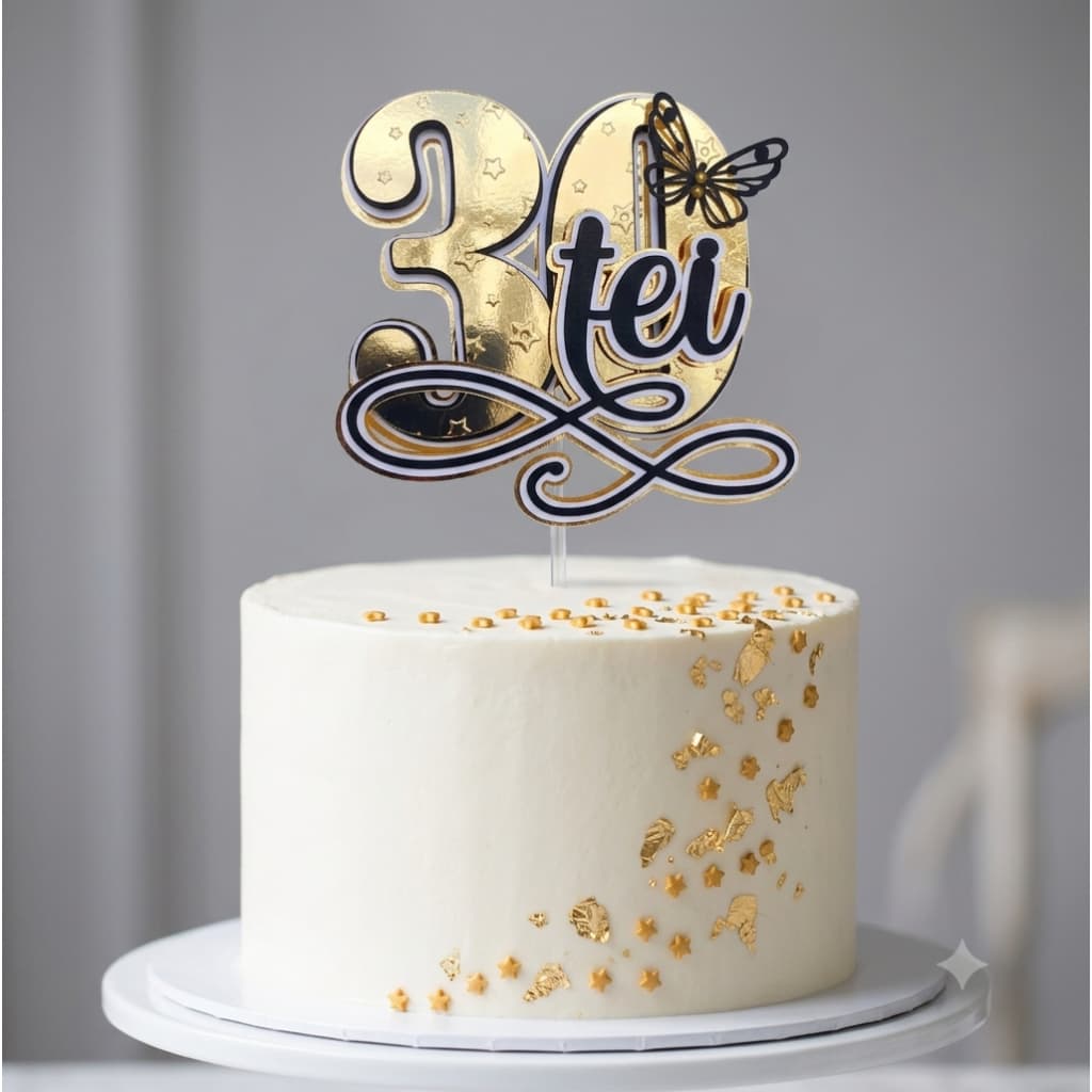 Topo de Bolo 30tei Dourado Personalizado | Topper 30,40,50 Anos Luxo | Papel Lamicote Dourado 230g
