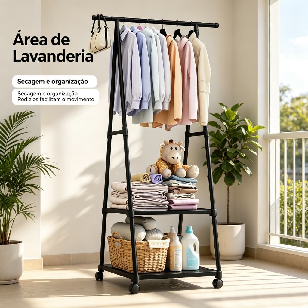 Rack de Roupas com Rodinhas 160cm Estante Arara Organizador de Roupa
