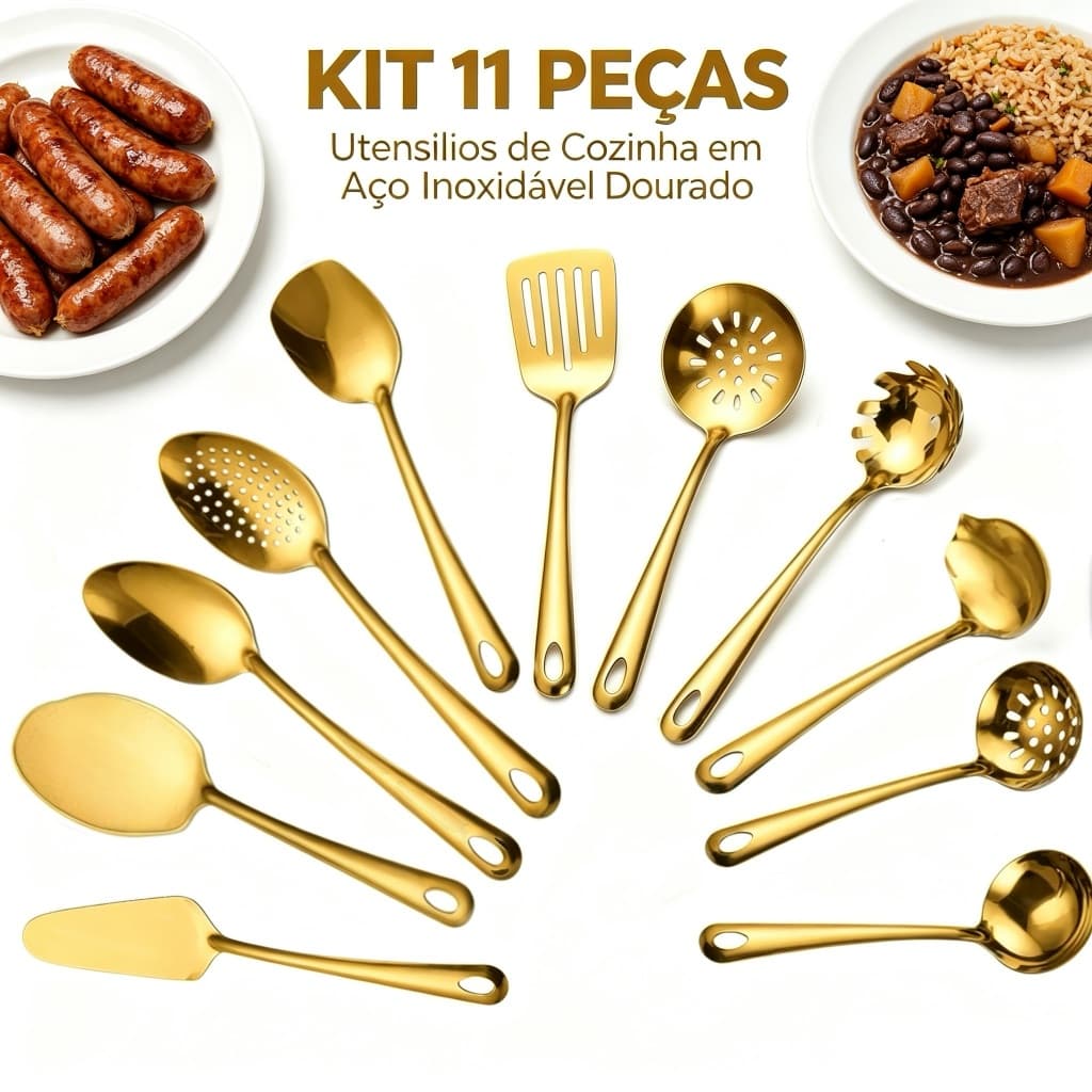 Kit 11 Peças Utensílios de Cozinha Dourado aço inoxidável Espátula Colher Concha Escumadeira Pegador de Pizza