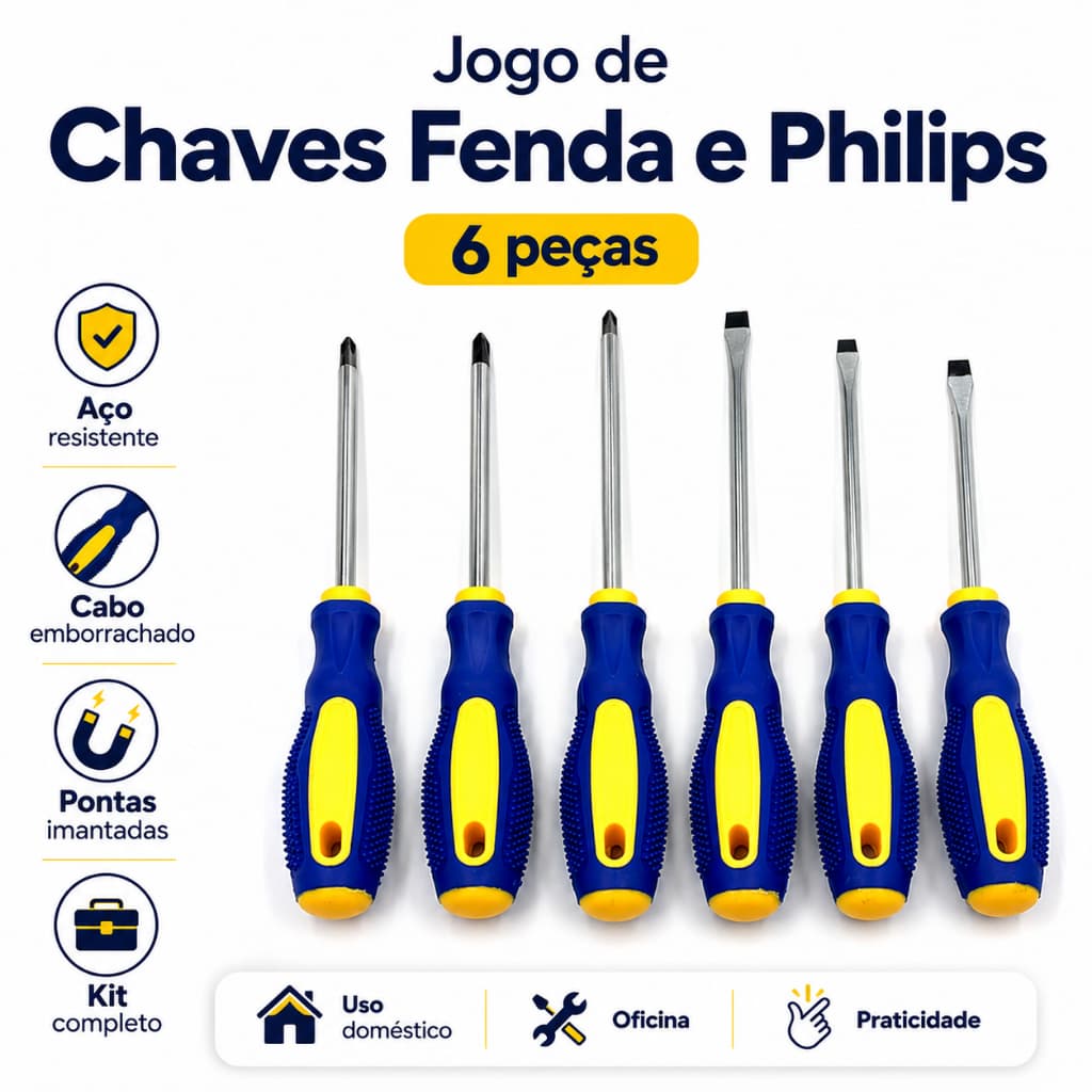 Jogo De Chaves De Fenda E Philips Com 6 Peças em Aço Alicate Trena - emborrachado Imantado