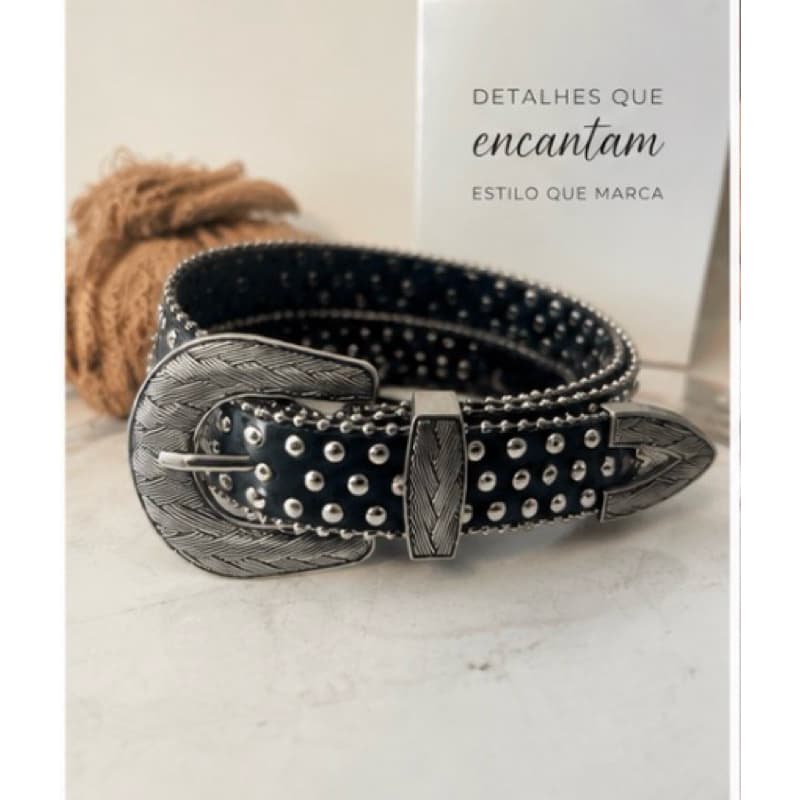 Cinto Feminino Western Country Preto com Tachas | Fivela Prata Trabalhada | Boho Chic Moda Blogueira Rodeio