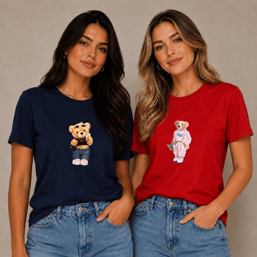 Kit 2 Camisetas Femininas 100% Algodão Ursinho Blogueira Fashion