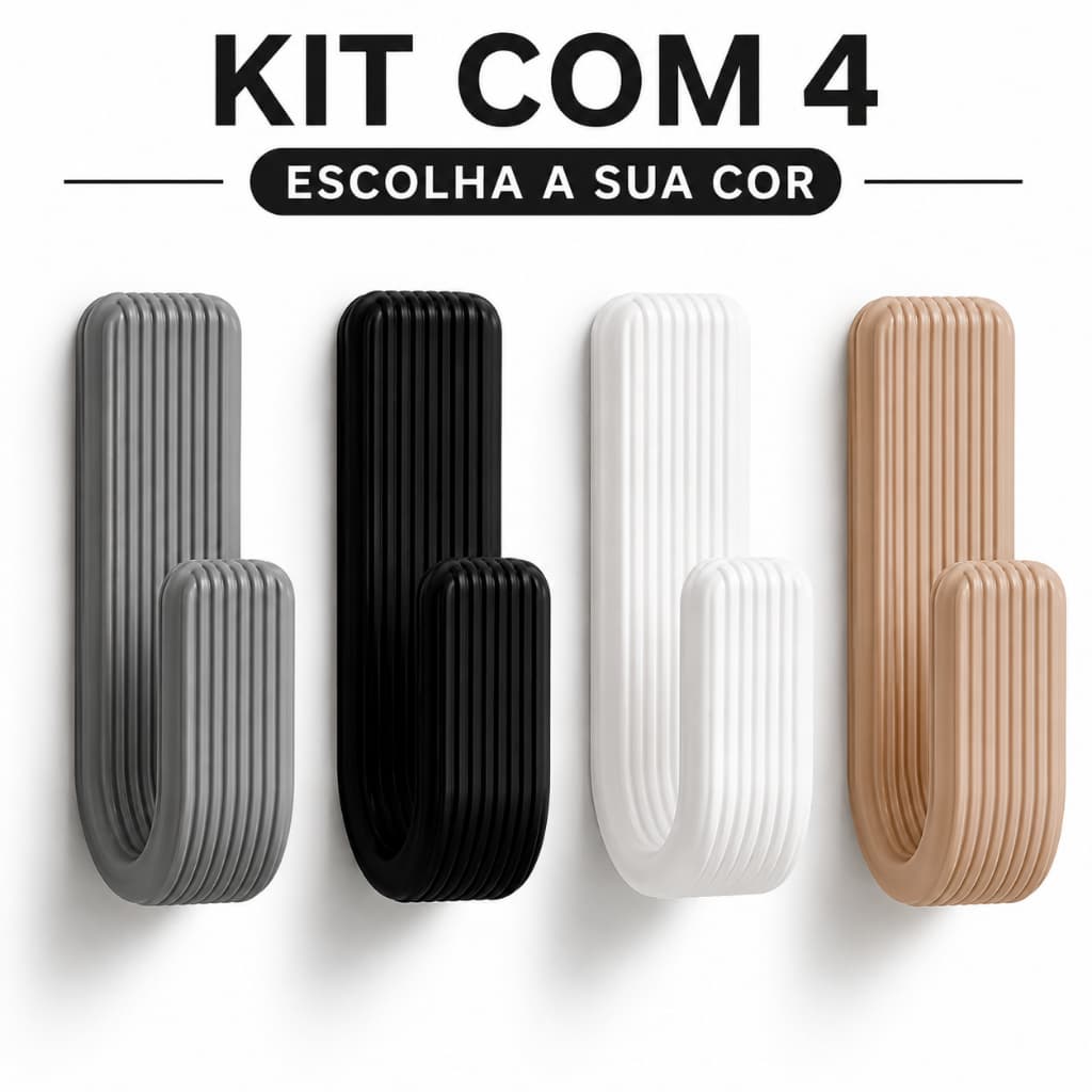 Kit 4 Ganchos Adesivos 3M Premium Para Banheiro Porta Toalha Roupão Sem Furar Parede Preto Branco Cinza Bege