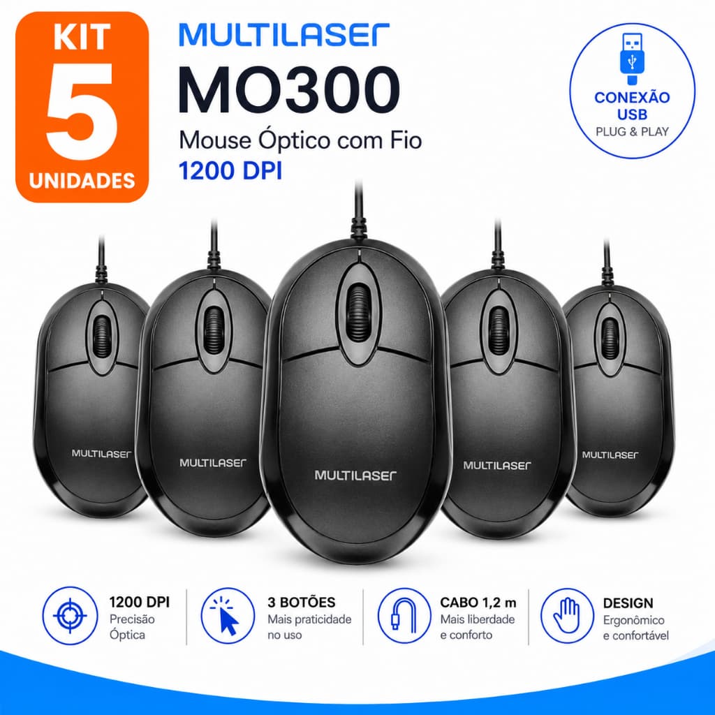Kit 5 Mouse Óptico USB Com Fio Multi MO300 1200 DPI Plug Play Preto Revenda Atacado