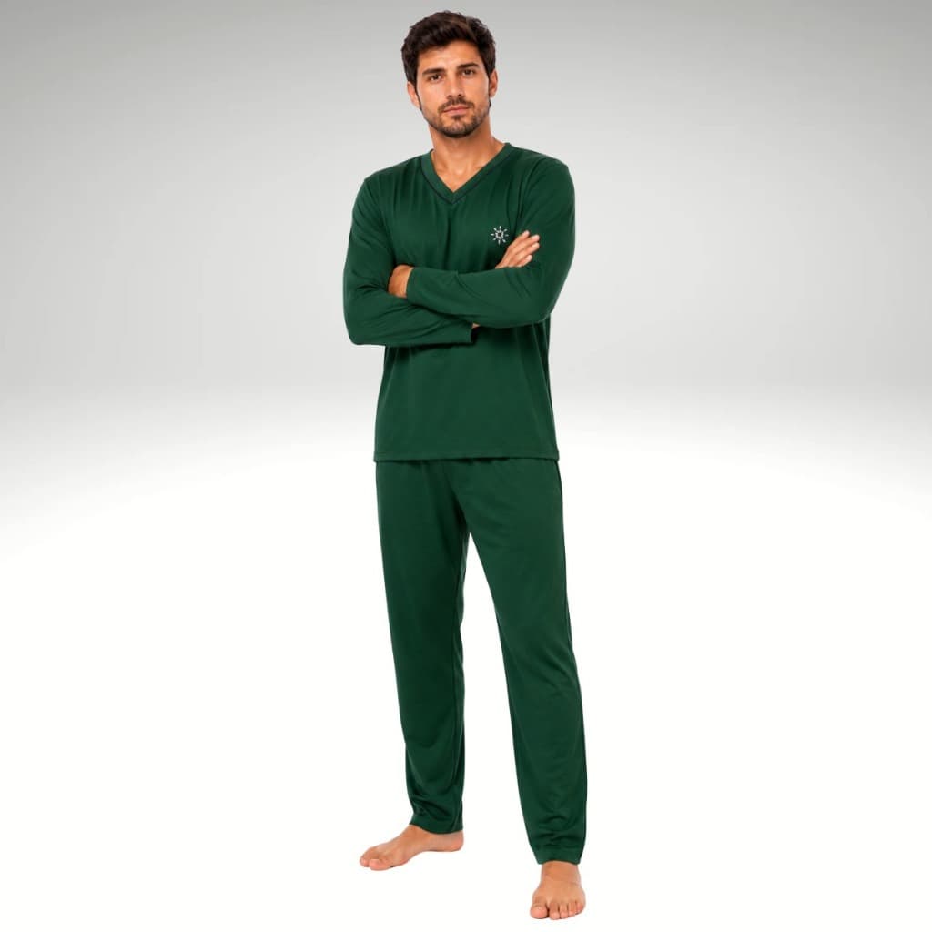 Pijama Longo Masculino Manga Comprida e Calça Malha Macia Cor Lisa Presente Dia dos Pais