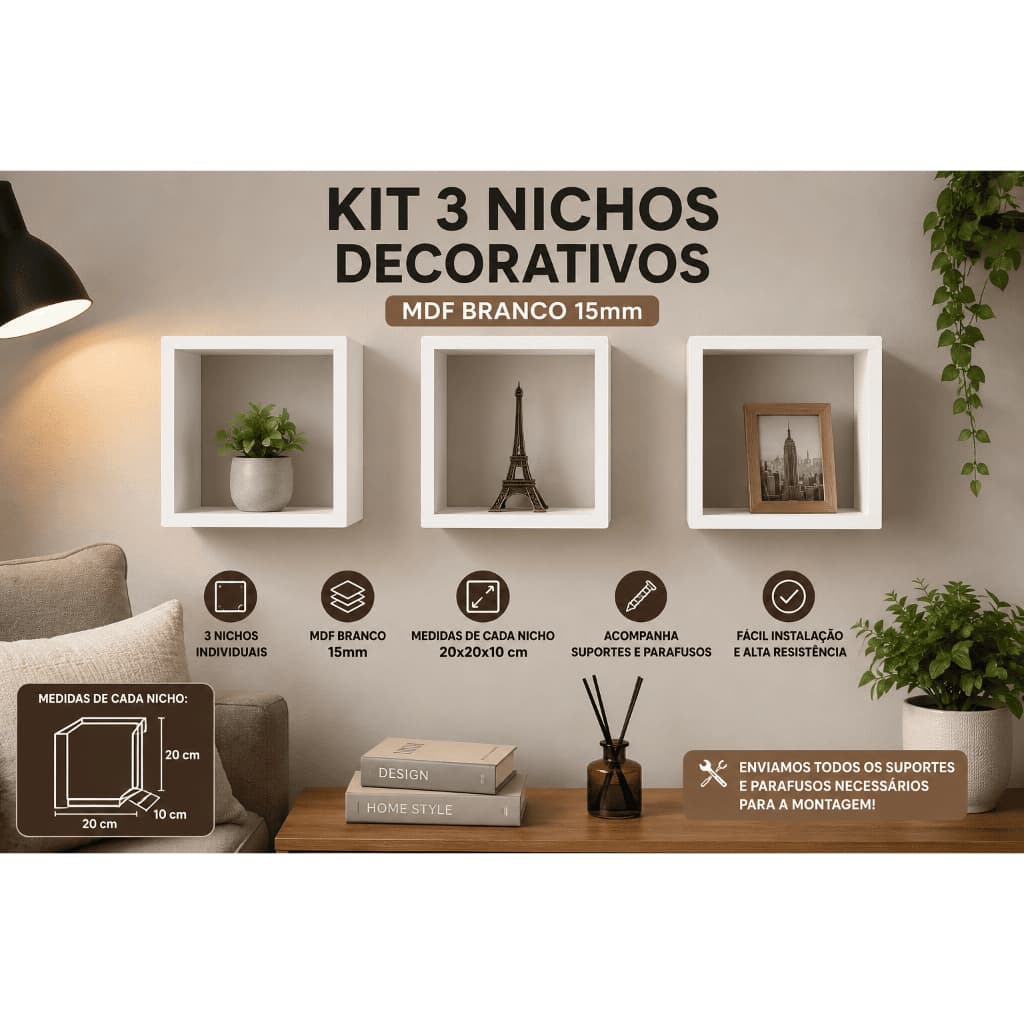Kit 3 Nichos Decorativos Quadrados em MDF Branco 20x20x10 cm