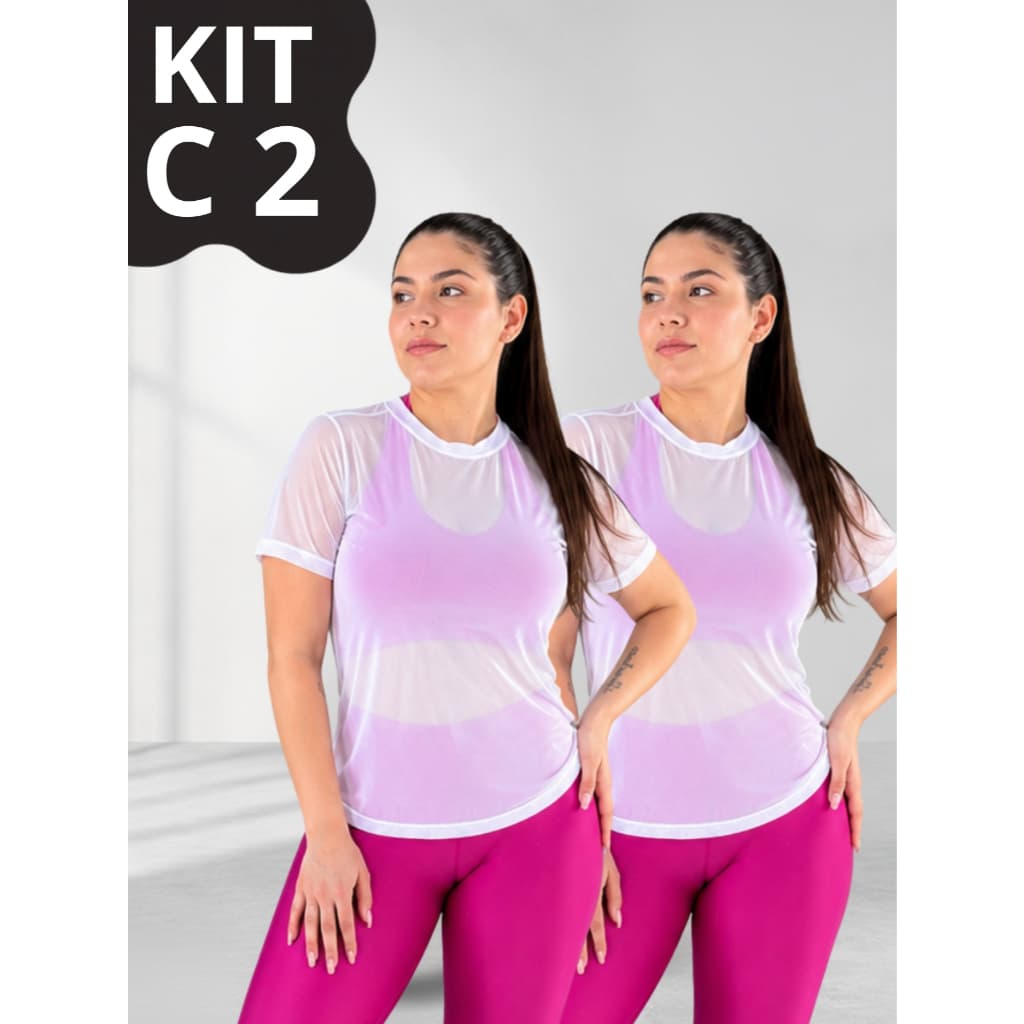 Kit 2 Blusa Tule Feminina Transparente Manga Curta Fitness Camisão Treino Arrastão Lisa Gola Redonda