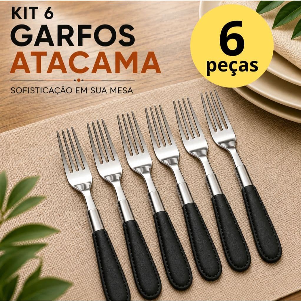 Kit 6 Garfos Atacama Cabo Preto Aço Inox Cabo que Simula Couro Mesa Posta Premium