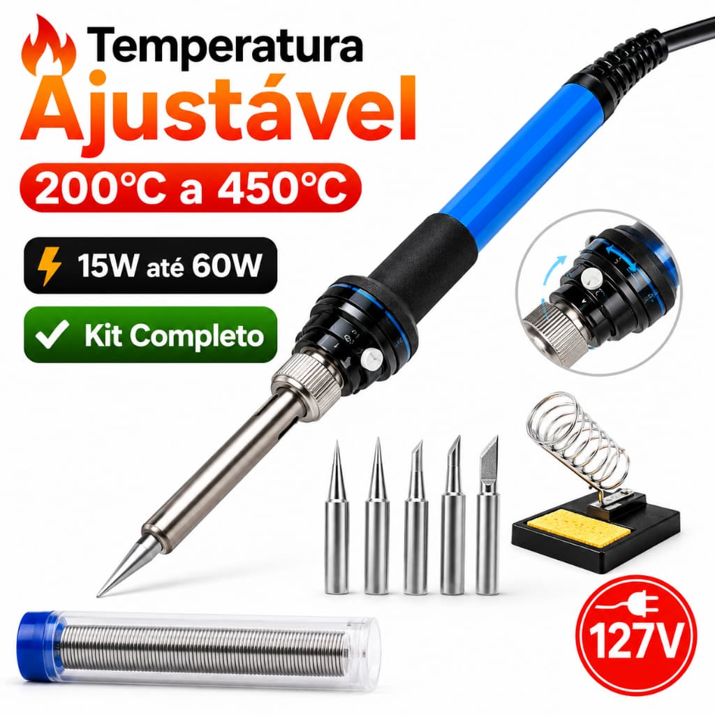 Kit Ferro de Solda 127V Ajustável 15W 60W com Estanho 5 Ponteiras Controle de Temperatura
