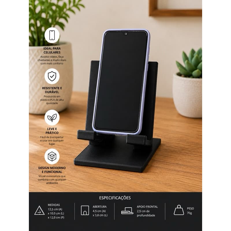 Suporte de Celular de Mesa Universal em PLA – Base Antiderrapante para iPhone, Samsung e Xiaomi