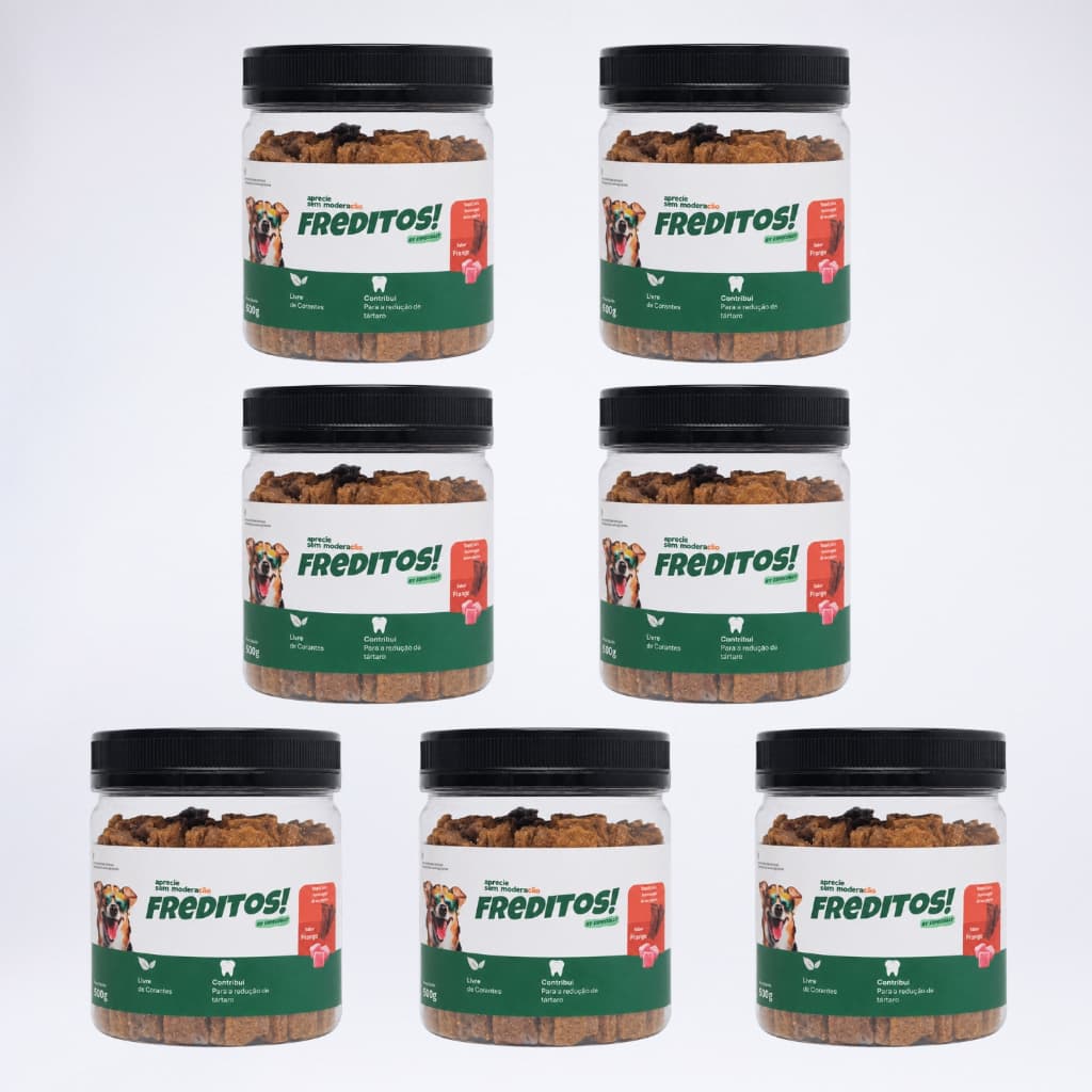 Kit 7 Snacks Freditos Para Cães Petisco Bifinhos Sabor Frango Pote 500g