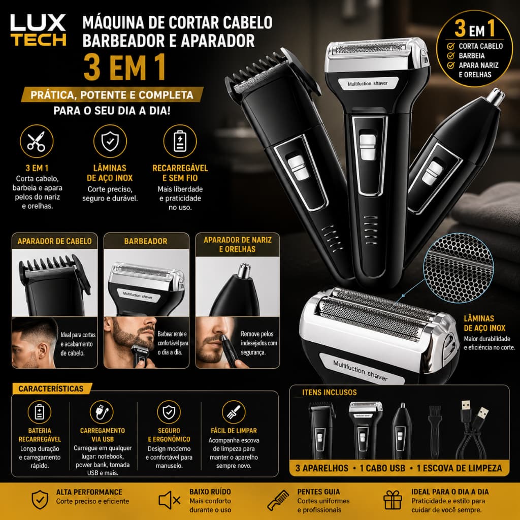 Maquina De Cortar Cabelo Barbeador Aparador 3 em 1 Eletrico - Beleza