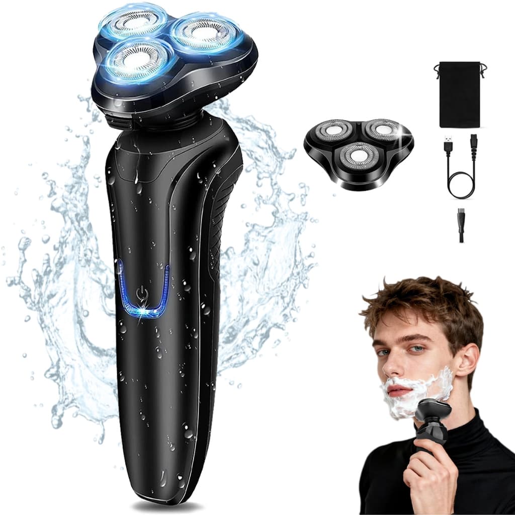 Barbeador Elétrico 3 Cabeças Rotativas, USB Recarregável, Indicador LED, Lavável