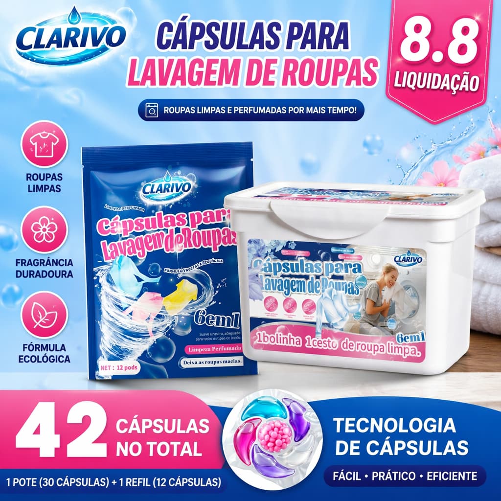 CLARIVO Cápsulas para Lavagem de Roupas Kit Econômico 42 Cápsulas Limpeza Profunda Perfume Duradouro