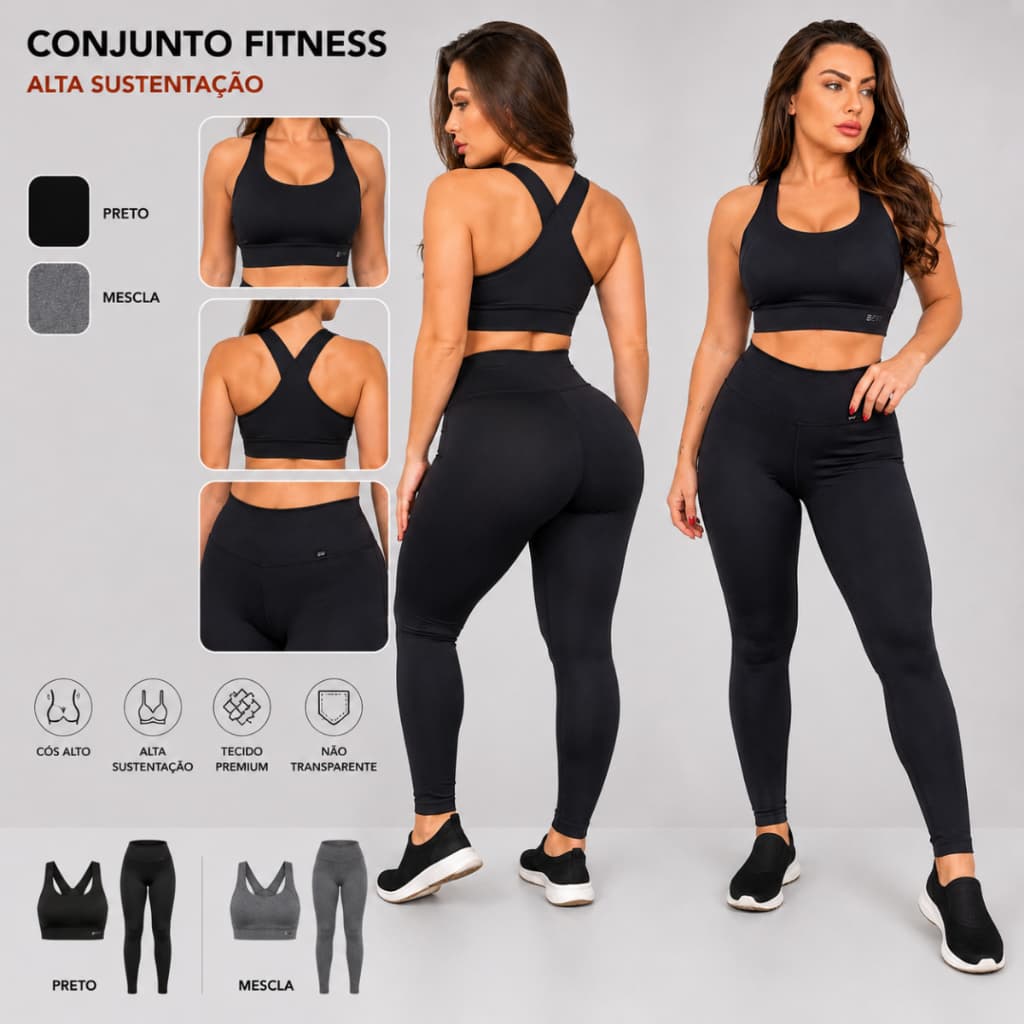 Conjunto Fitness Feminino Top + Calça Legging Alta Compressão Academia Yoga Treino Fitness