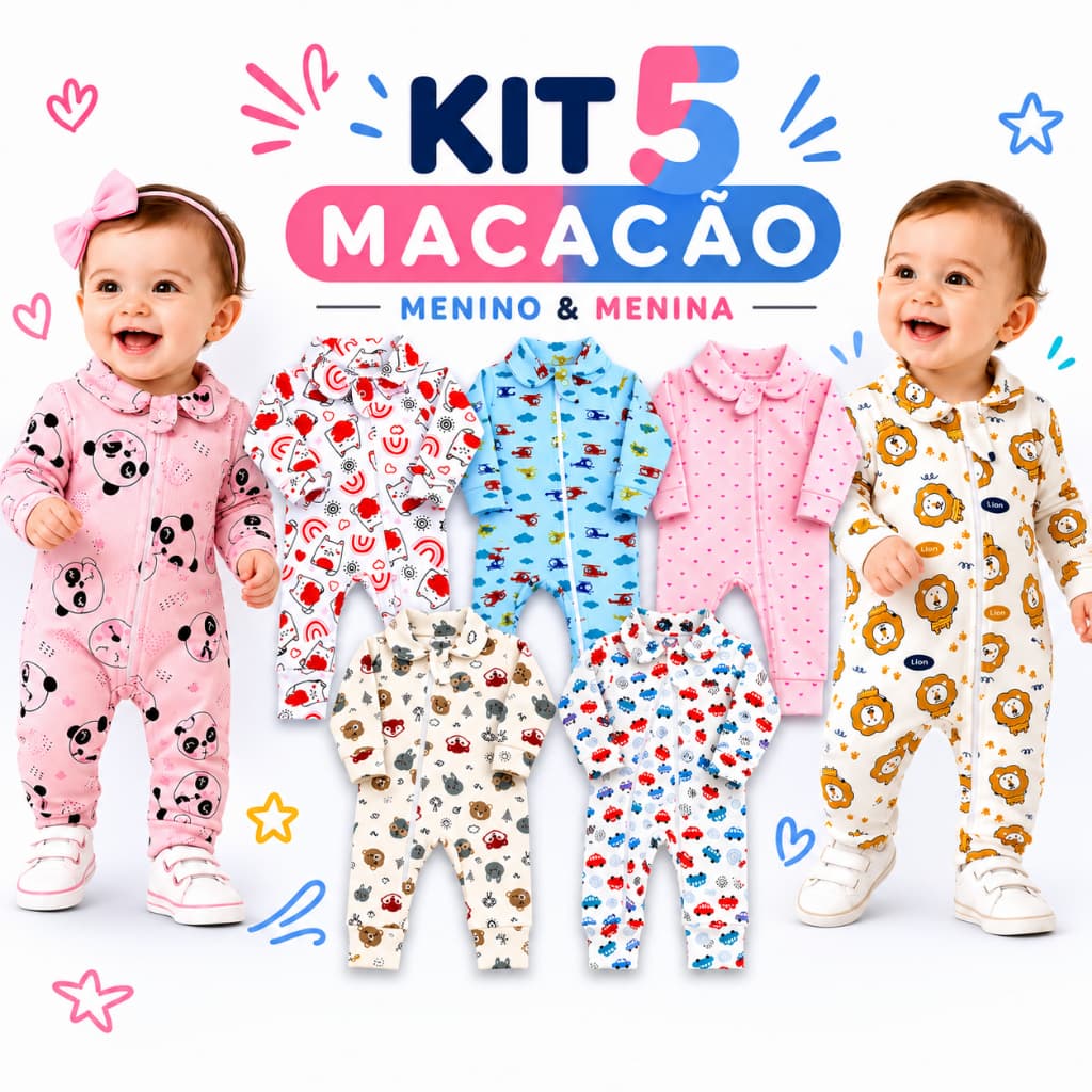 Kit 5 Macacão Longo Bebê Ribana Estampado 100% Algodão com Zíper Menino Menina RN P M G