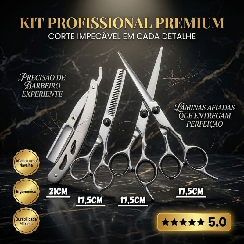 Kit Barbeiro Profissional 6 Peças Estojo com Tesoura Fio Laser Navalhete Pentes Aço Inox Cabeleireiro