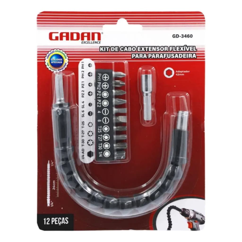 Extensão Eixo Prolongador 1/4 Braço Flexivel 25cm Cabo Extensor Adaptador Parafusadeira com 12 Peças