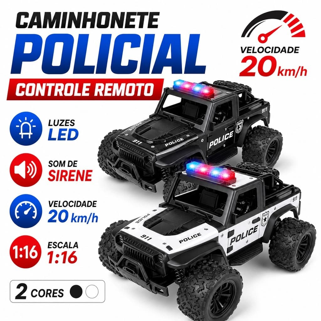 Carro de Controle Remoto 2.4G 1:16 em Liga Metálica, Carro de Polícia Off-road de Alta Velocidade com Música e Luzes LED