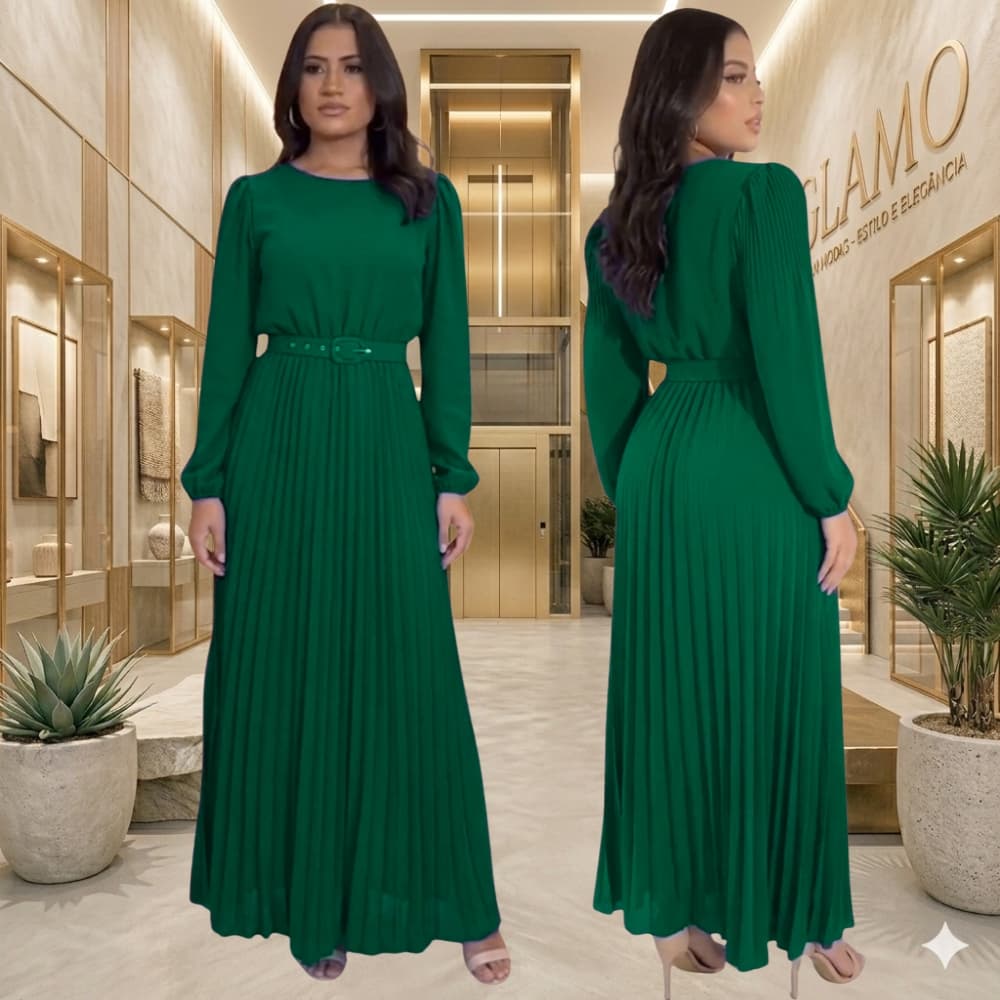 Vestido Longo Manga Longa Plissado Duna Não Fica Transparente Com Cinto Ajustável