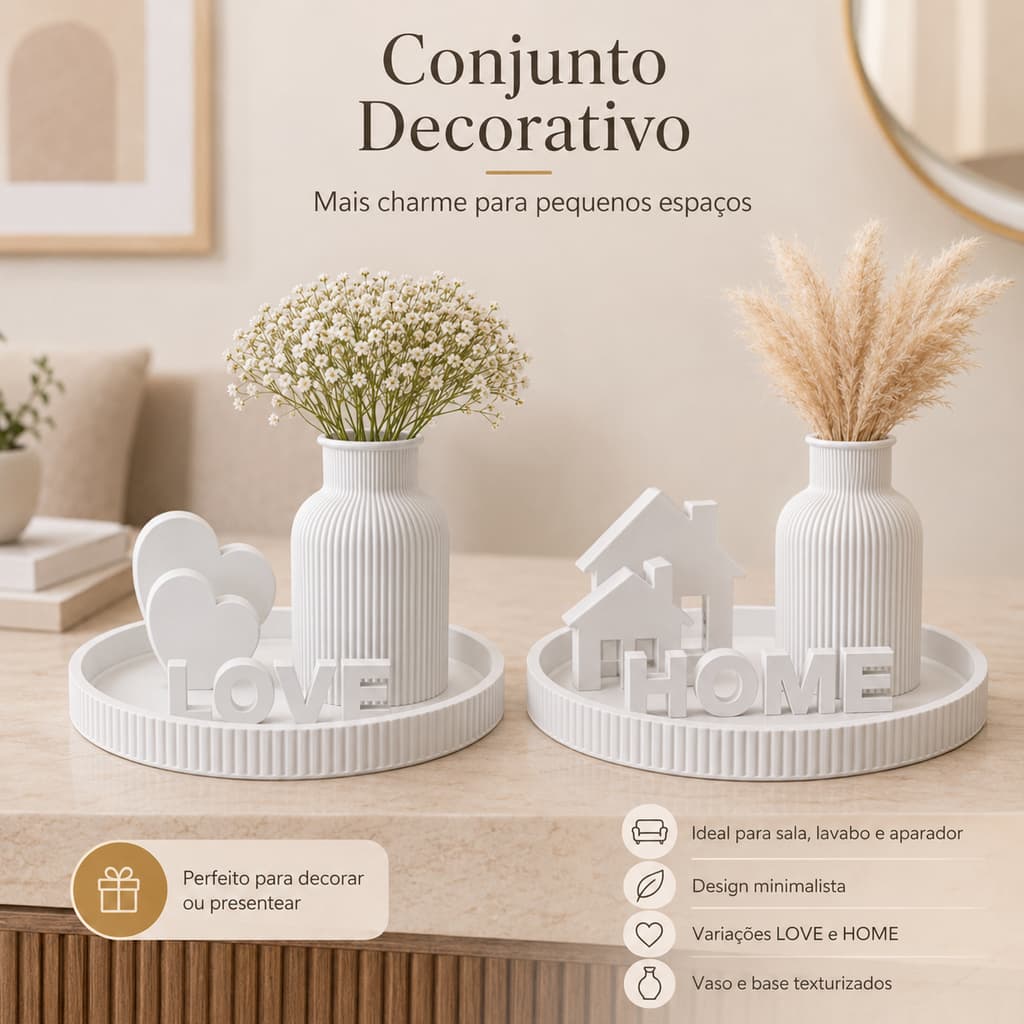 Kit Decoração Sala Lavabo Bandeja Decorativa com Vaso Decorativo Love Home Branco