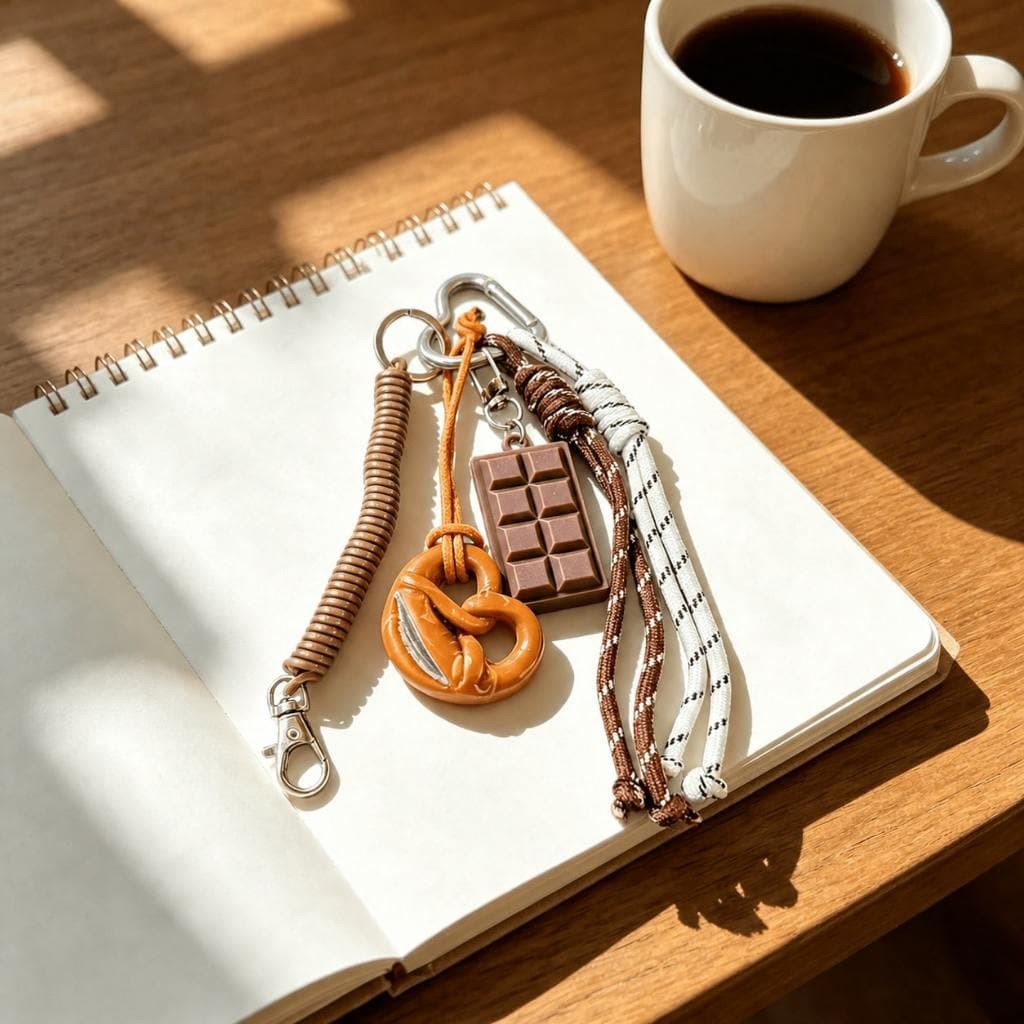 Chaveiro Pretzel com Chocolate Esmaltado e Mini Barra de Chocolate em Resina Cordões em Marrom Branco e Bege Argola Metá