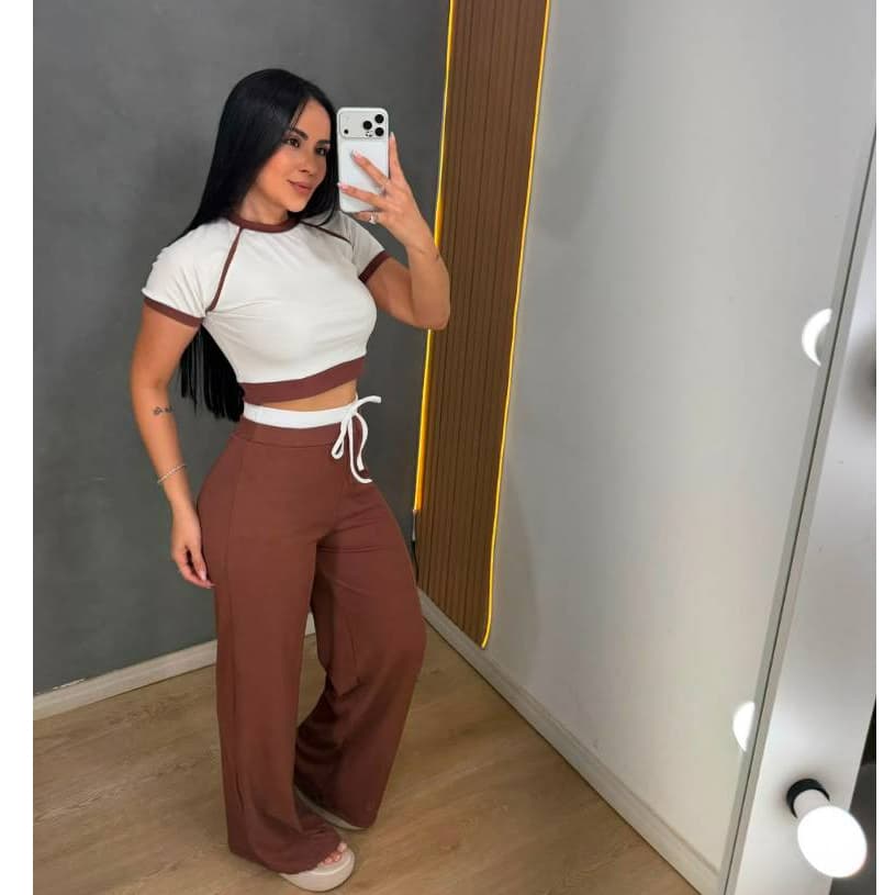 Conjunto Feminino Aerolook Cropeed com Calça Pantalona Cos Duplo Alto Tendência