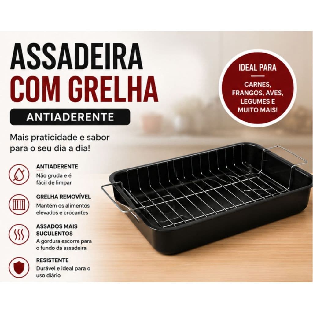 Assadeira Antiaderente Retangular com Grelha para Carnes e Assados 40,3cm