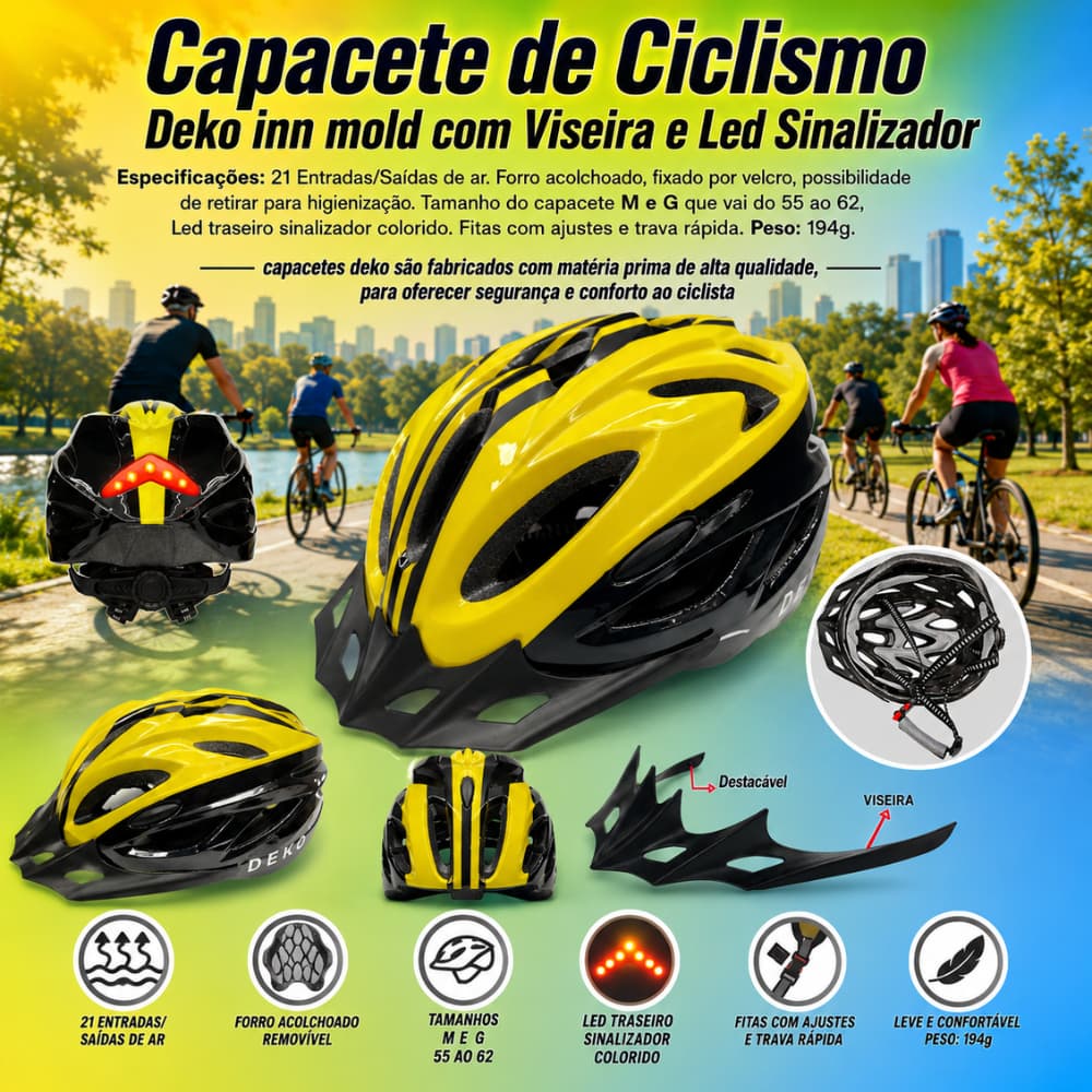 Capacete Deko Original/Capacete bike/Capacete bicicleta/Capacete MTB/Preto/Amarelo Tam M/G (CDK-04)