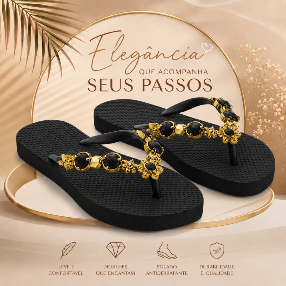 Chinelo Feminino Preto Pedraria Com Aplicação De Brilhos Sofisticado E Confortável Para O Dia A Dia