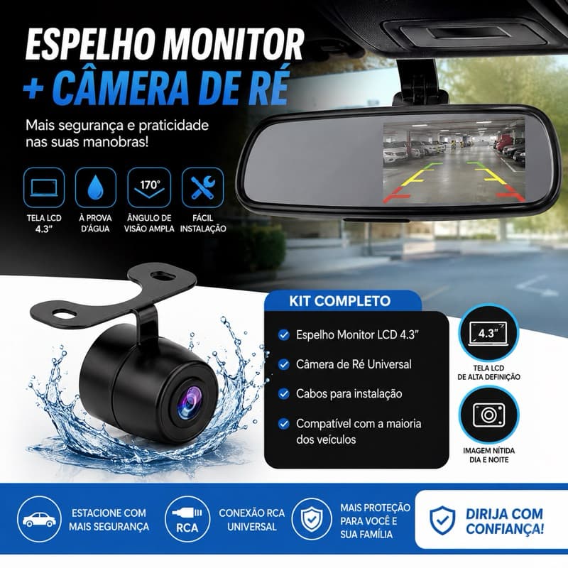 Kit Câmera De Ré Colorida + Retrovisor Espelho Veicular Carro Camionete Estacionar