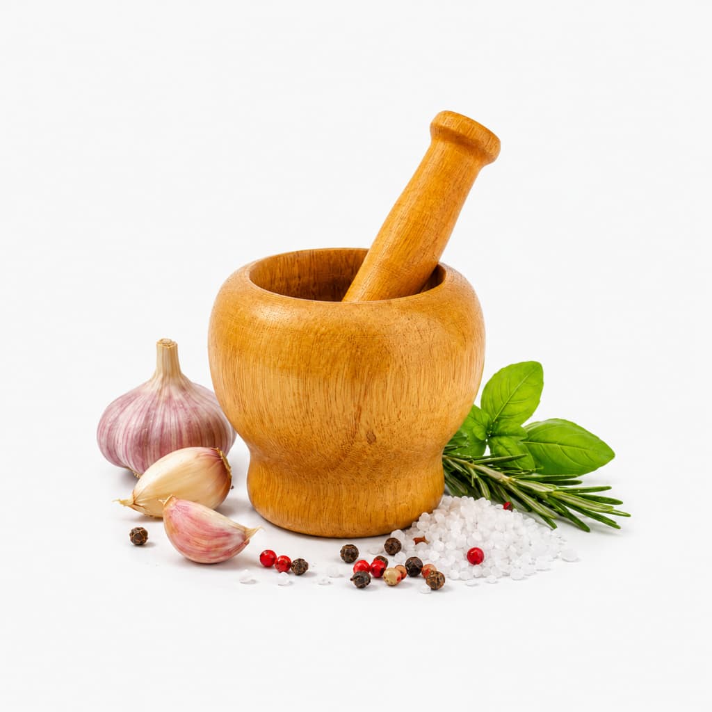 Pilão C/Socador Macerador De Alho Especiarias Bambu Tempero Ervas Finas Casa Cozinha