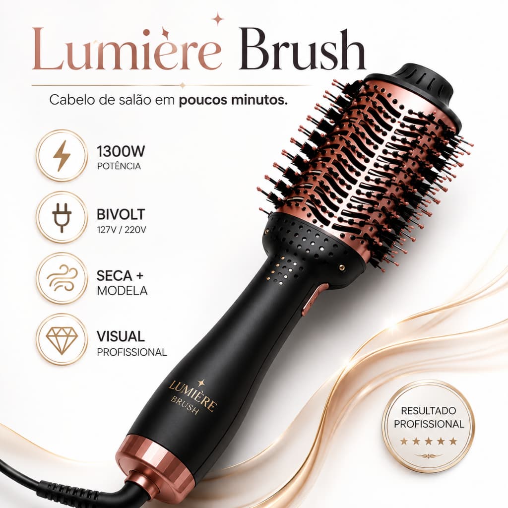 Escova Modeladora Secadora Profissional Bivolt 1300W Volumizadora Cabelo Liso Cachos Rápida