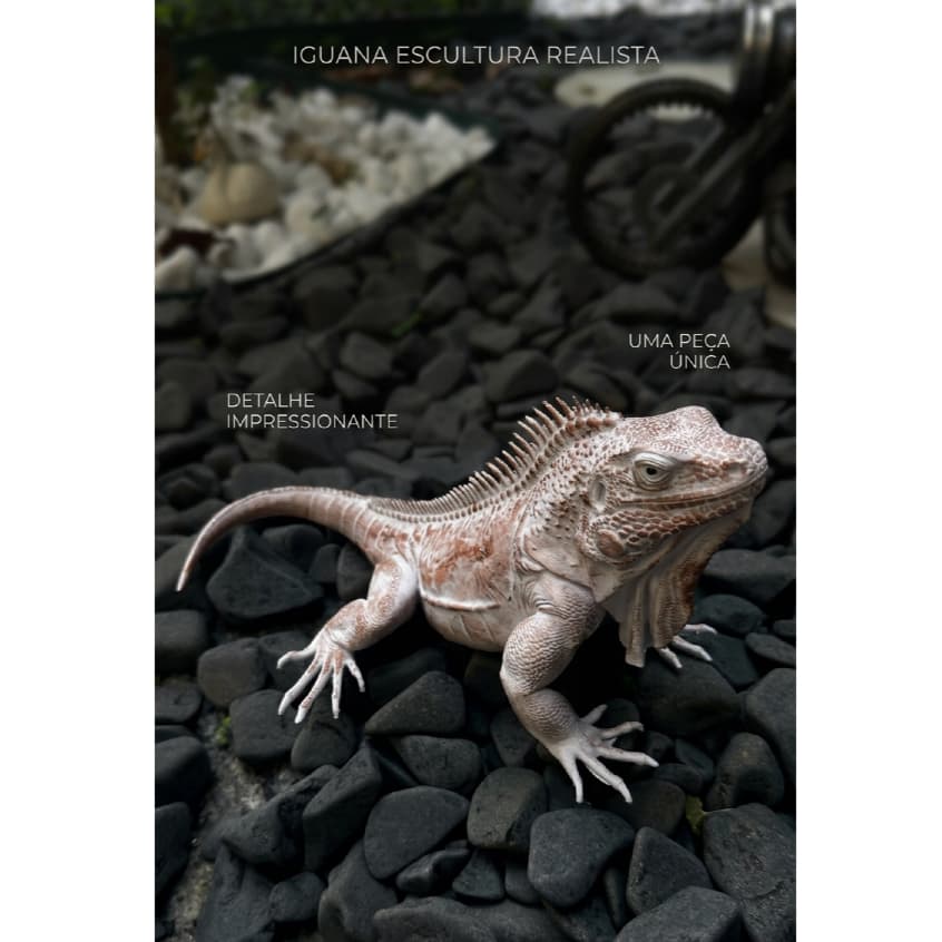 Estatua Escultura Iguana Albina Realista Grande - Decoração Premium Exclusiva Para Sala, Escritório, Jardim de Inverno