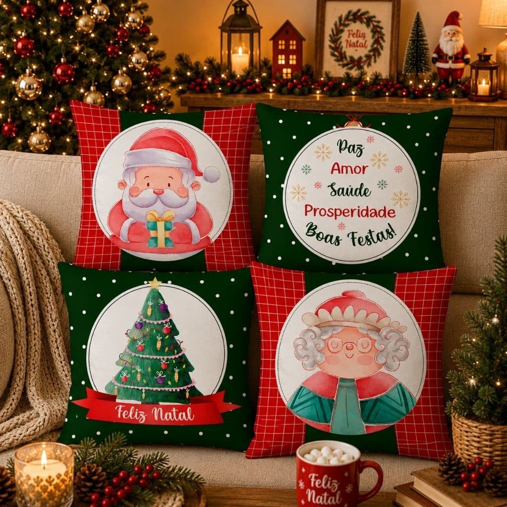 CAPAS NATALINAS: Kit com 04 Capas para Almofada Mamãe e Papai Noel 45X45