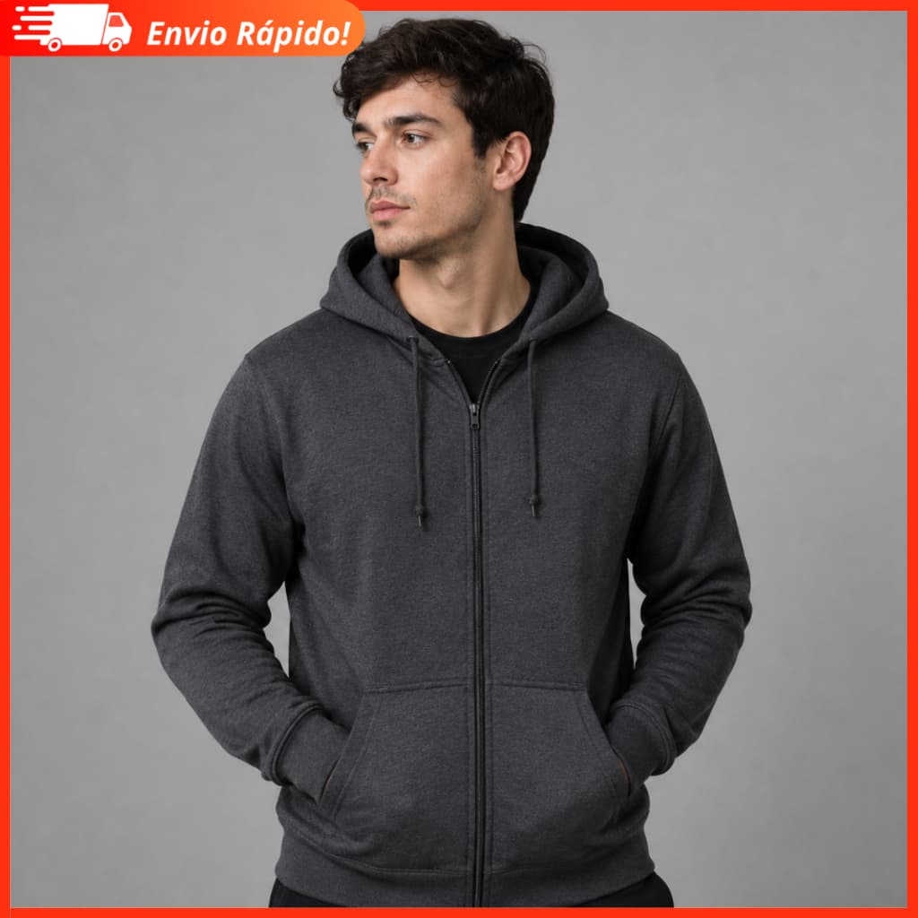 Moletom Cinza Com Zíper Masculino Feminino Liso Com Capuz