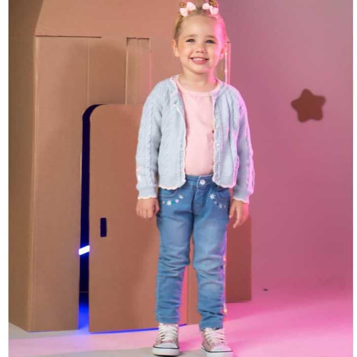 CALÇA LORDAN JEANS PREMIUM INFANTIL DE BEBÊ MENINA COM ROSAS BORDADAS 01 AO 03 COM MUITO CONFORTO