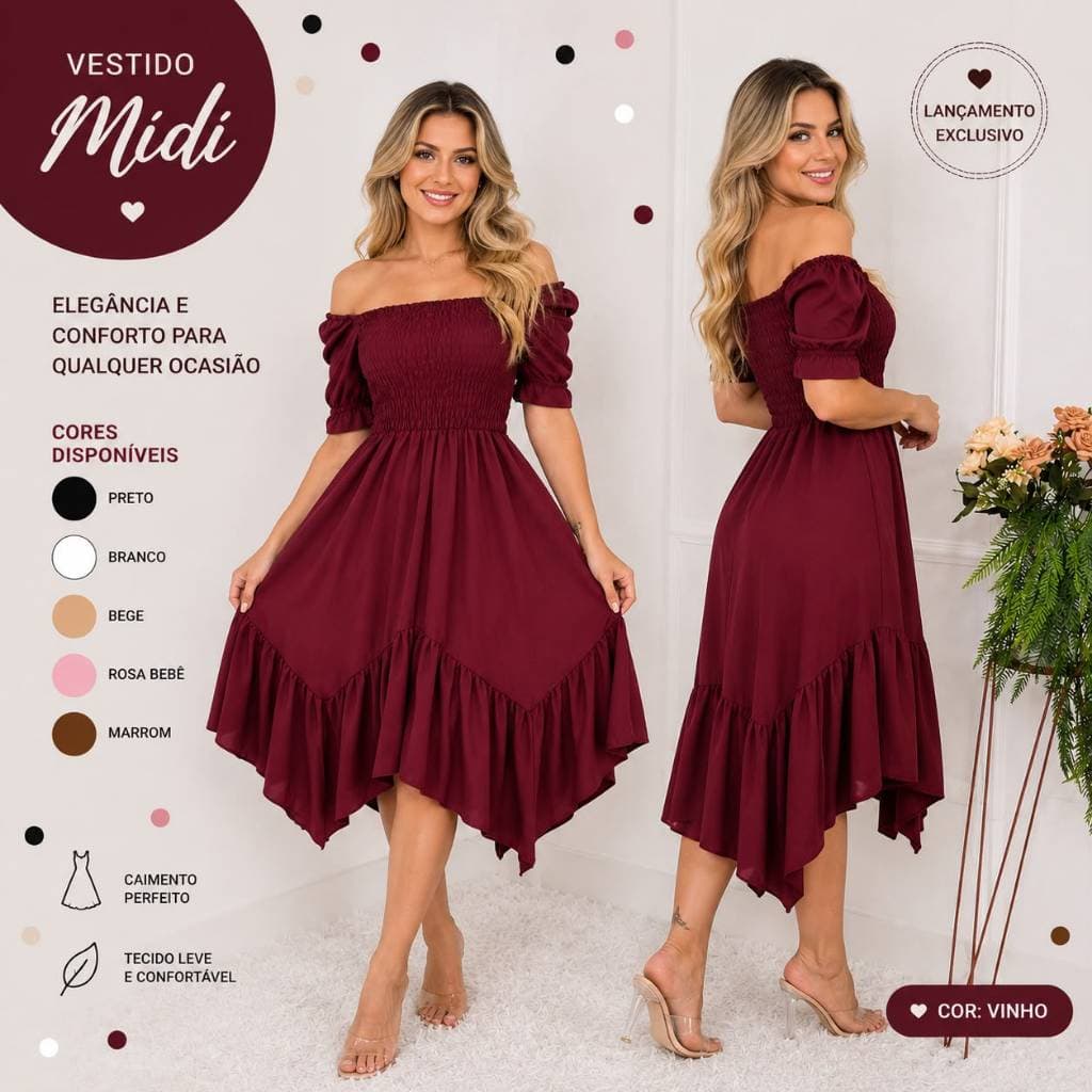 Vestido Midi Feminino Ombro a Ombro Lastex Manga Bufante Elegante Casual Evangélico Tecido Leve