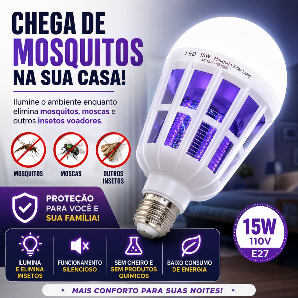 Lâmpada Mata Mosquito LED UV 15W 110V Bulbo E27 Luz Branca Fria Repelente Mata Moscas e Insetos