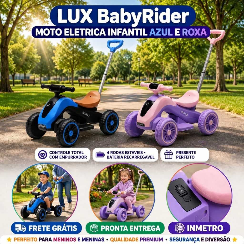 Moto Elétrica Infantil 6V com Empurrador Rodinhas Bateria Recarregável Motinha Criança Menino Menina 3 Anos Azul Roxa