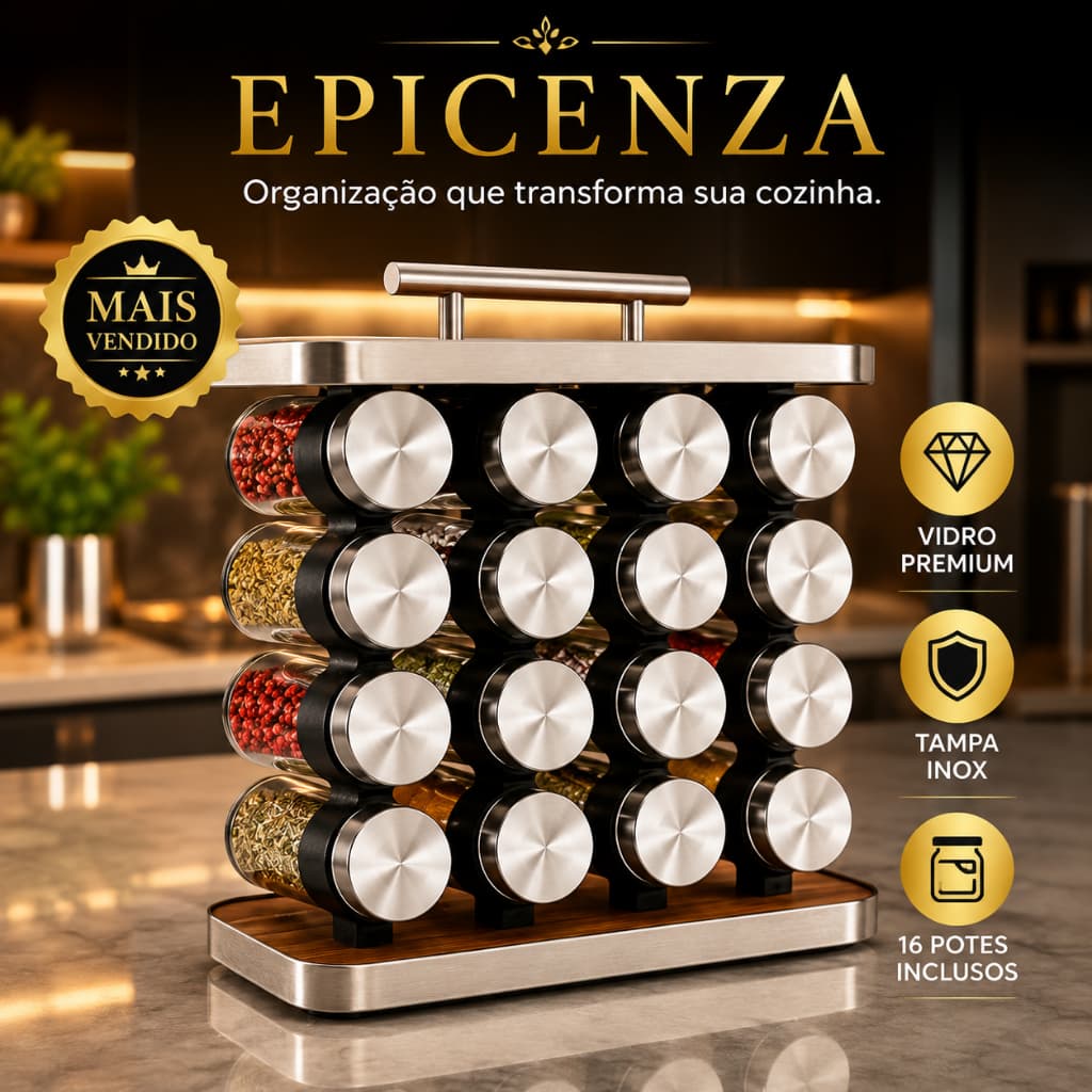 Epicenza™ Porta Temperos Giratório 16 Potes de Vidro 80ml Tampa Inox Organizador de Temperos Premium para Cozinha Porta