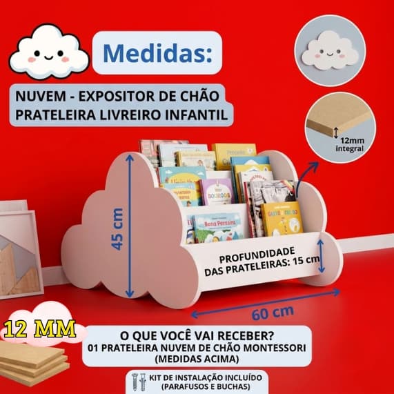Prateleira MDF Livros Infantil De Chão Nuvem Organizador De Brinquedos E Revistas Quarto De Bebê