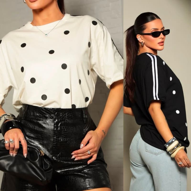 Camiseta de Bolinhas Preta e Branca Feminina Oversized