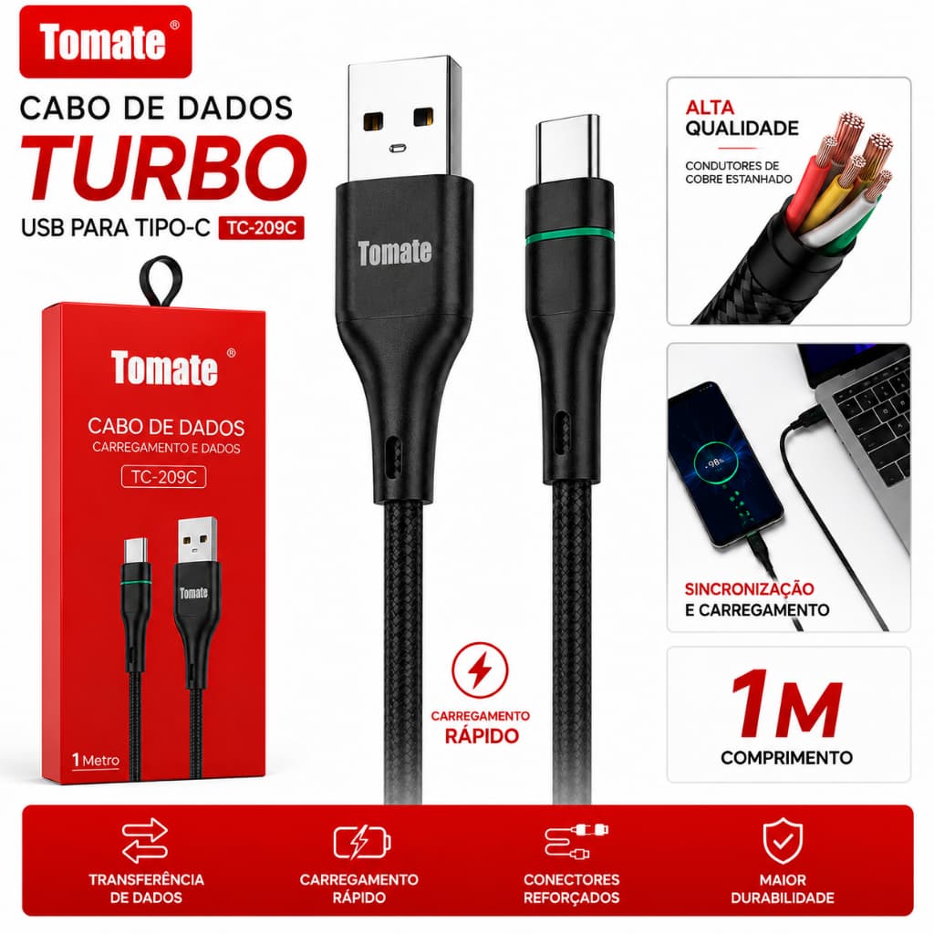Cabo Usb Tipo C Carregamento Rapido Turbo 3A 1 Metro Tomate