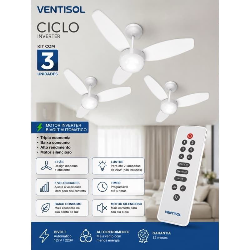 kit 3 Ventilador de Teto Ventisol Ciclo Inverter C/Controle Bivolt - Branco